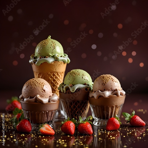 Ice cream with toppings, ice cream sundae 