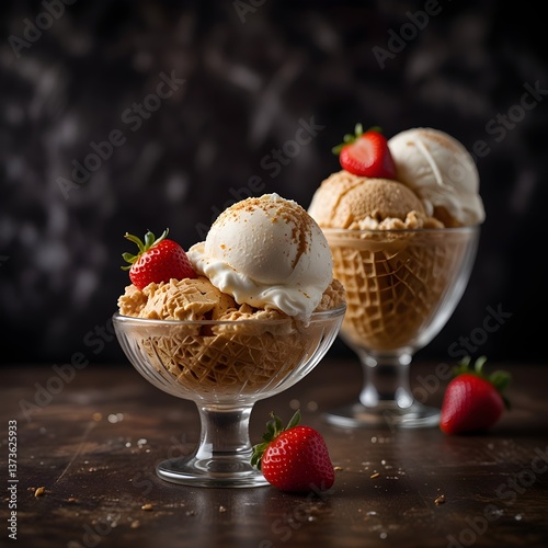 Ice cream with toppings, ice cream sundae 