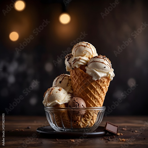 Ice cream with toppings, ice cream sundae 