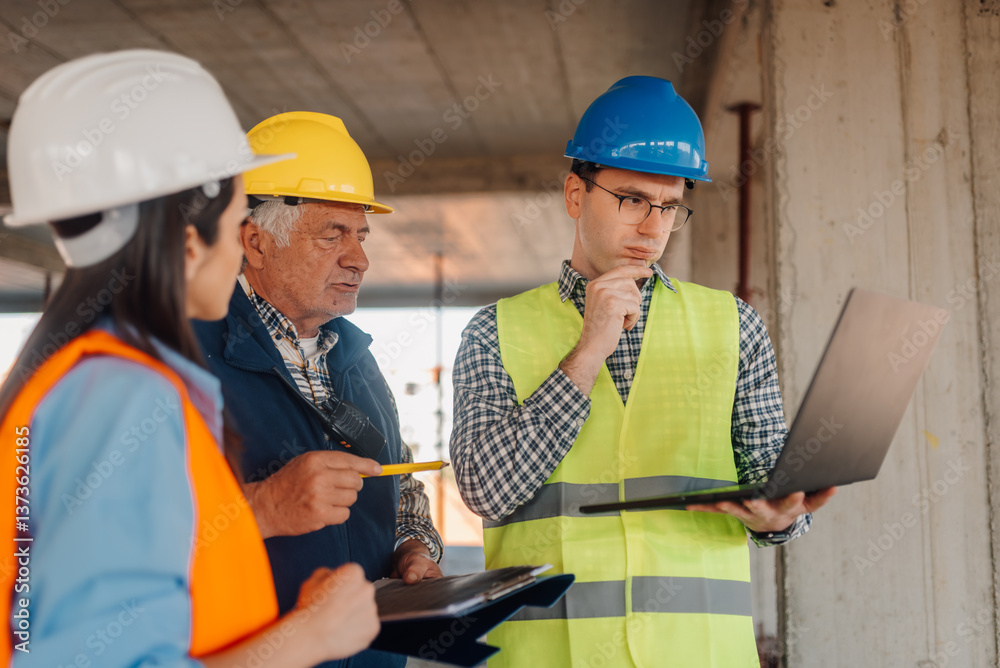 Engineers and foreman discussing using laptop on construction site Engineers and foreman discussing using laptop on construction site