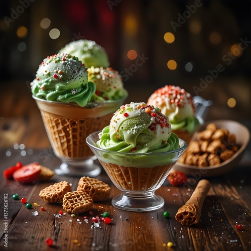 Ice cream with toppings, ice cream sundae 