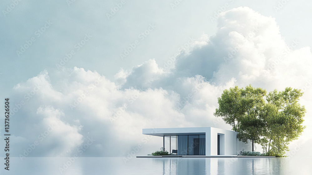 Obraz premium Minimalist house with trees on water, serene sky background