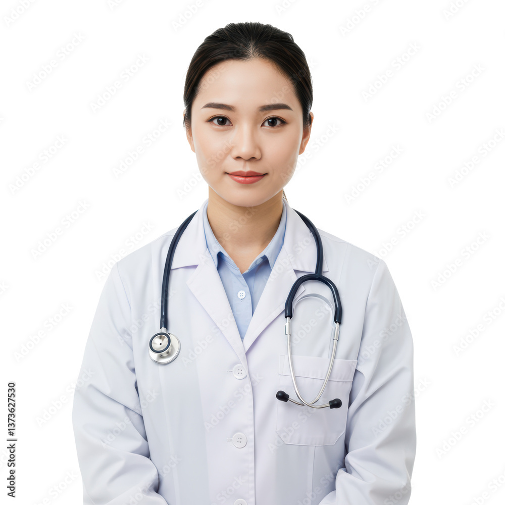 A friendly Asian female doctor in a white coat smiles, radiating confidence and competence in healthcare. A friendly Asian female doctor in a white coat smiles, radiating confidence and competence in healthcare.