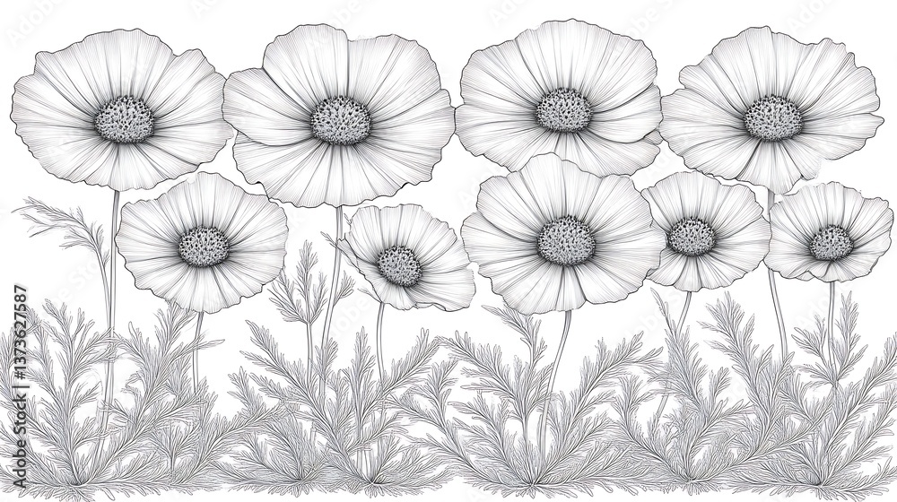 custom made wallpaper toronto digitalElegant Line Drawing of Blooming Poppies