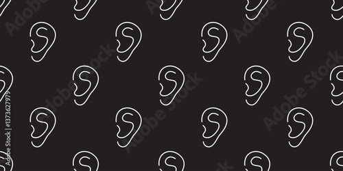 Abstract design featuring repetitive ear illustrations in a monochrome pattern on black background
