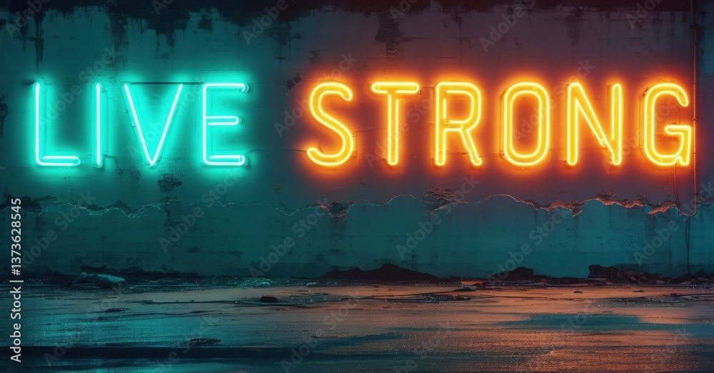 Obraz premium Massive bold live strong neon in teal and orange glowing over gritty wall with flickering details and high contrast reflections