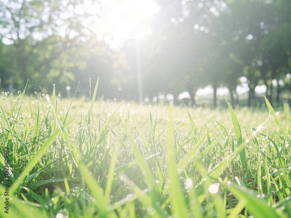 Tranquil Park Grassland Landscape Bathed in Morning Sunlight