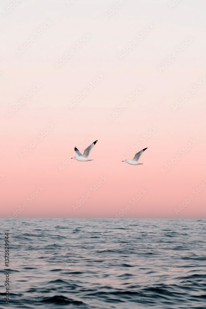 Fototapeta premium Two seagulls flying over calm ocean at pastel sunrise with minimalistic sky