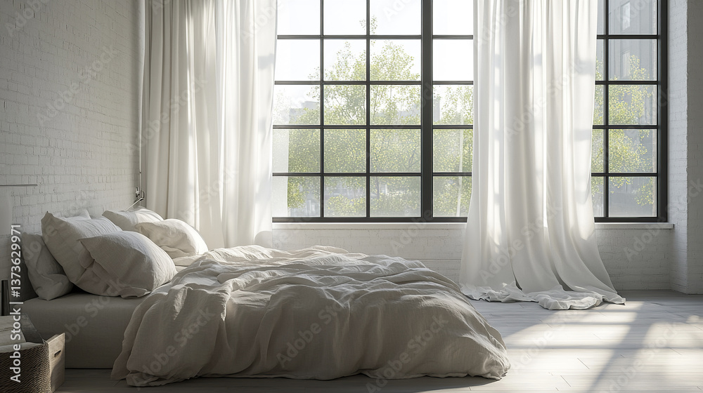 Fototapeta premium Minimalist loft bedroom with floor to ceiling windows and soft natural light