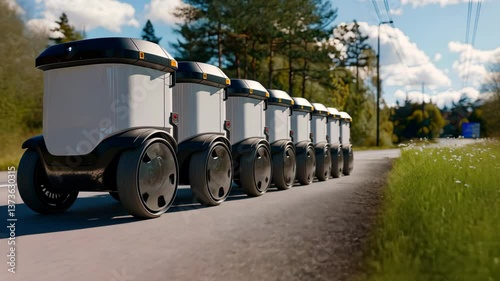 Delivery robots move along a peaceful road surrounded by trees and wildflowers while basking in the afternoon sunlight