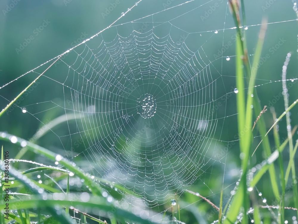 The spider web (cobweb) closeup with dew and natural green background.