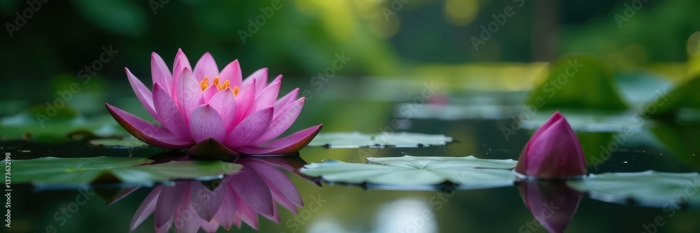 Water lily blooms in shallow pond with lush greenery and purple tones, blooms, tones, water lily Water lily blooms in shallow pond with lush greenery and purple tones, blooms, tones, water lily