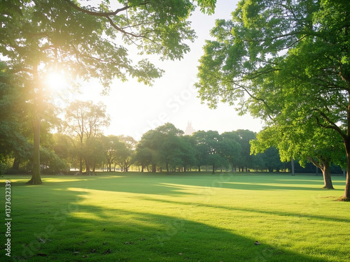 Obraz na płótnie Tranquil Park Grassland Landscape Bathed in Morning Sunlight w salonie