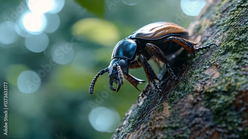 Close-Up of Vibrant Brown Beetle Crawling on Tree Bark
