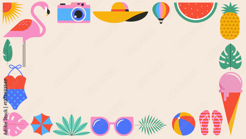 Colorful Geometric Summer Frame, Background, poster, banner. Summer time fun concept design promotion design. Vector illustration and banner