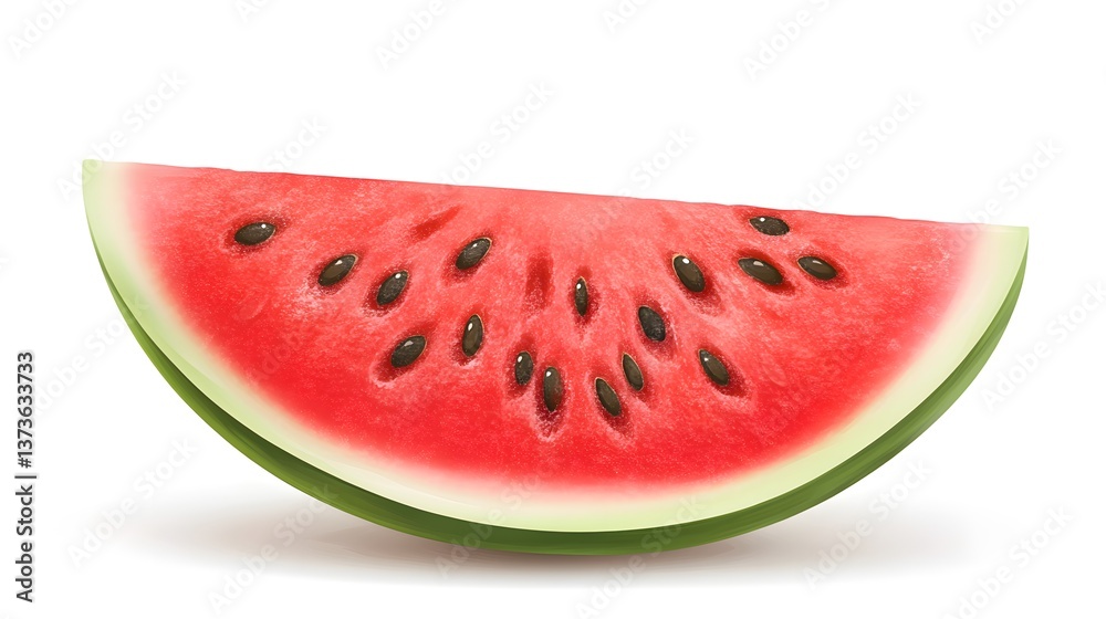 Close up of a vibrant juicy wedge of red watermelon with black seeds set against a plain white backdrop for a natural fresh and healthy appearance Close up of a vibrant juicy wedge of red watermelon with black seeds set against a plain white backdrop for a natural fresh and healthy appearance