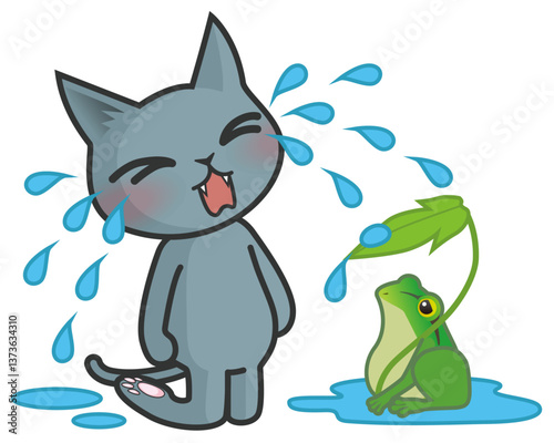 泣いている猫のキャラクターと困っているカエルのキャラクター