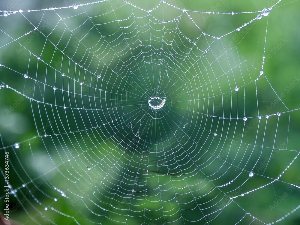 The spider web (cobweb) closeup with dew and natural green background.