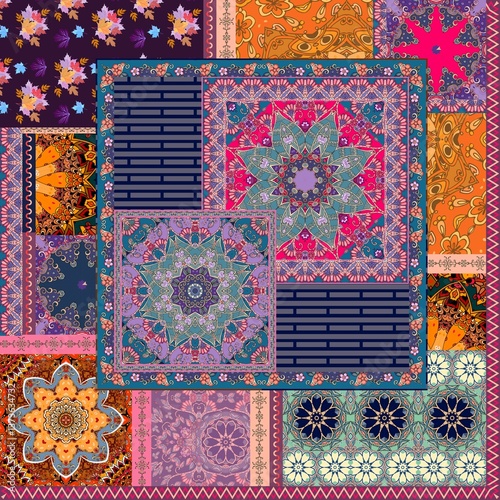 Bright quilt in ethnic style. Endless patchwork background. Unique vintage pattern. Decorative print for fabric. Beautiful carpet, shawl, scarf, tapestry, cushion.