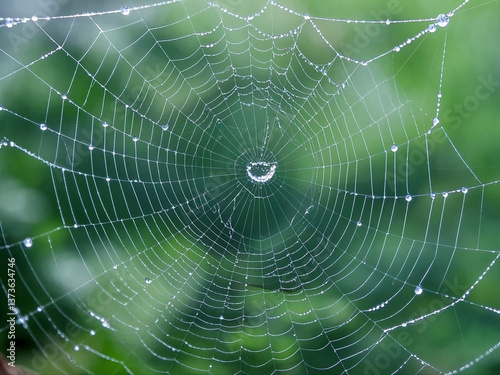 Obraz na płótnie The spider web (cobweb) closeup with dew and natural green background. w salonie