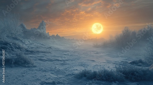 Frozen landscape at sunset with the moon rising behind silhouetted trees and rocky outcrops.
