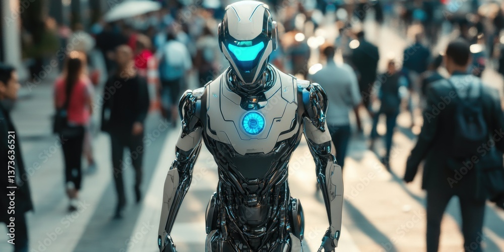 Robotic being interacts with urban environment, blending in seamlessly. High tech integration for advanced human-robot interaction. Silicon Valley setting. Futuristic city scene. Robotic being interacts with urban environment, blending in seamlessly. High tech integration for advanced human-robot interaction. Silicon Valley setting. Futuristic city scene.