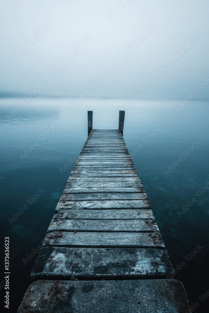 Fototapeta premium A wooden pier extends into a calm, mist-shrouded lake under an overcast sky.