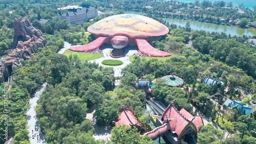 A Stunning Aerial View of an Grand World Phu Quoc Castle Surrounded by Beautiful Water Features