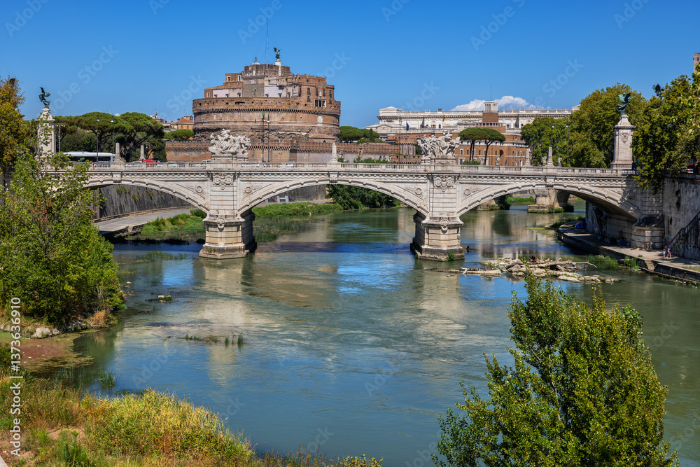 Fototapeta premium Bridge and Castle at Tiber River in Rome, Italy
