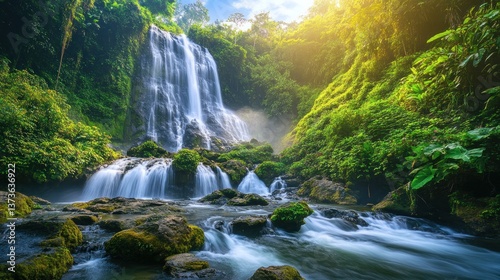 Serene Waterfall in Lush Tropical Paradise