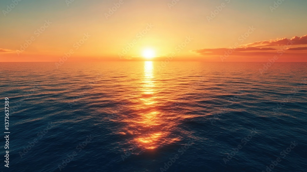 Obraz premium Peaceful ocean scene with vibrant sunset colors reflecting on the water surface.