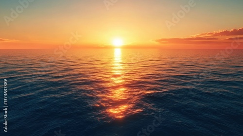 Peaceful ocean scene with vibrant sunset colors reflecting on the water surface.