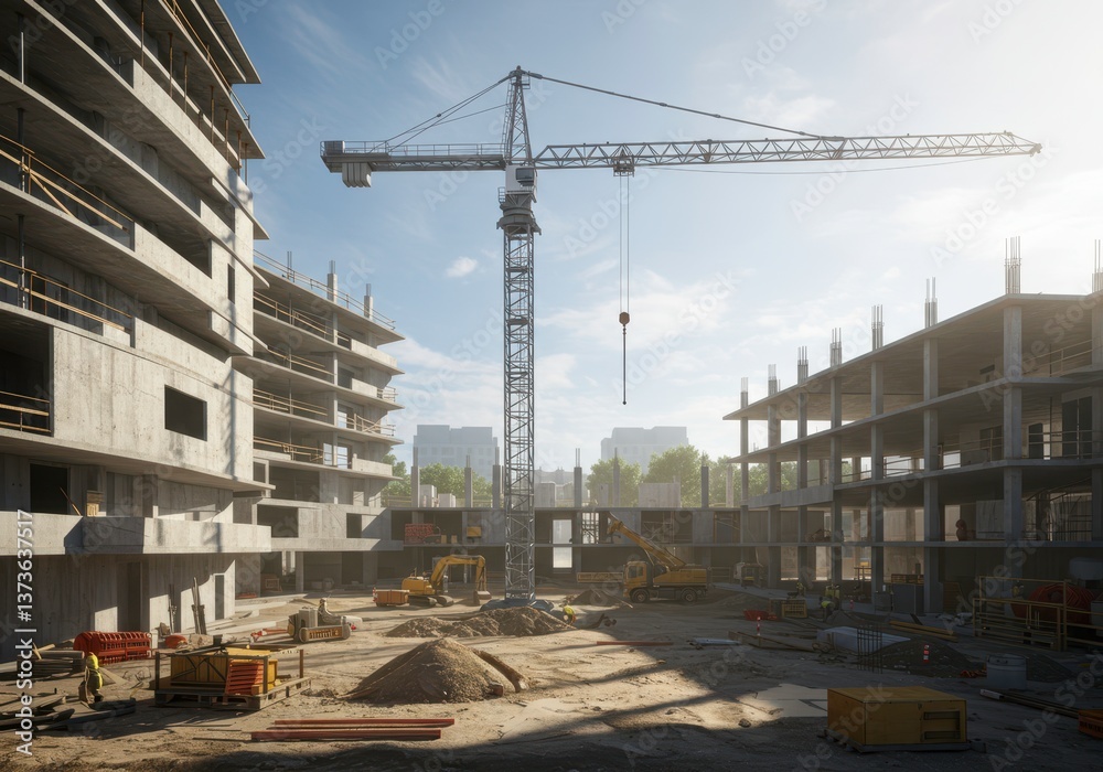 Construction site with buildings and cranes in progress, representing industry, architectural development, urban growth for real estate flyers and project presentations. Construction site with buildings and cranes in progress, representing industry, architectural development, urban growth for real estate flyers and project presentations.
