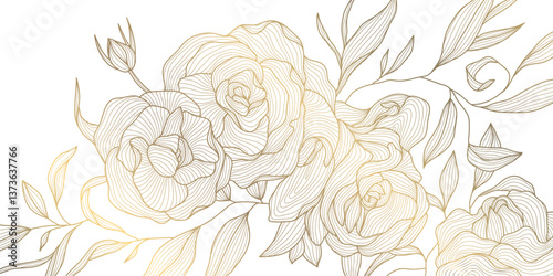 Vector gold line flowers illustration. Nature blossom oriental graphic, romantic decoration floral background, art deco ornate roses, peonies.