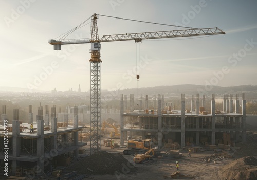 Construction site with tower crane in urban development project showing the progress of modern building and heavy equipment operating, real estate investment vision