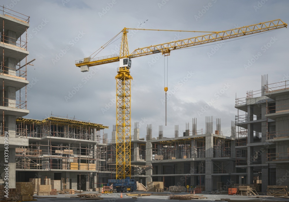 Tower crane lifting materials in building construction site for residential building, development urban project, architecture process and housing industry Tower crane lifting materials in building construction site for residential building, development urban project, architecture process and housing industry