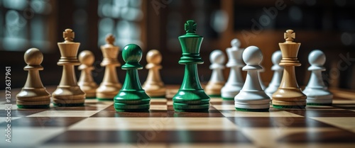 majestic chess set with green king on chess board illustration