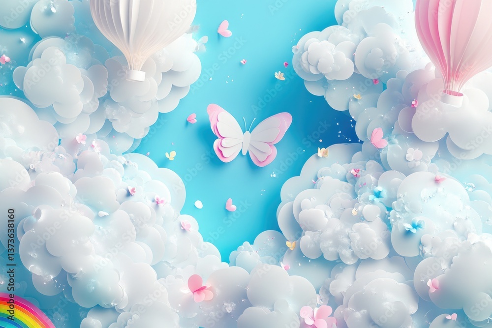 Fototapeta premium Colorful, whimsical sky with balloons and fluffy clouds against a clear blue background.