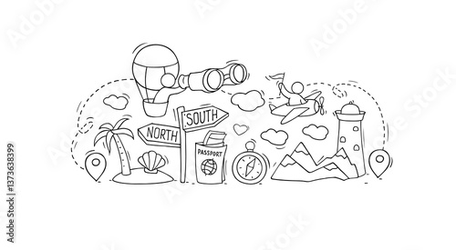 Geography science and school lesson concept. Travel poster with hand drawn people on mountains with spyglass, compass, hot air balloon and road guidepost. Vector doodle illustration