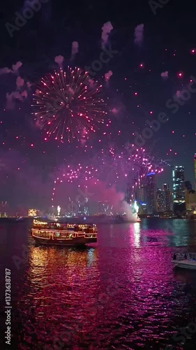 Fireworks display show seen from the water with Dubai skyline in the background at night