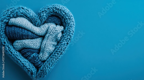 Intricately knitted heart made of folded and stacked winter clothes in a cozy and warm setting