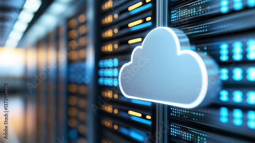 Cloud computing symbol floating in front of server racks in data center representing online backup storage