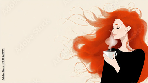 woman enjoying aroma of steaming cup of coffee or tea