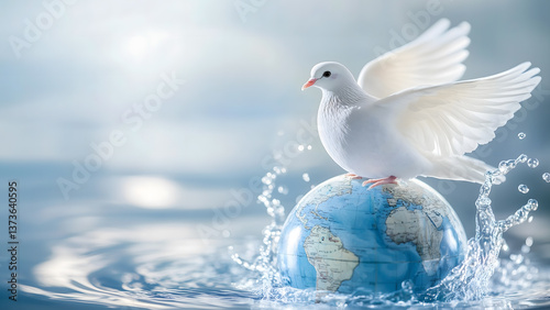 Dove Sitting on a Globe Floating on Water Showing Symbol of Peace and World Peace Day
