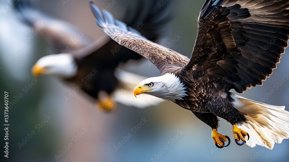 Fototapeta premium Majestic Bald Eagle in Flight with Wings Spread Wide