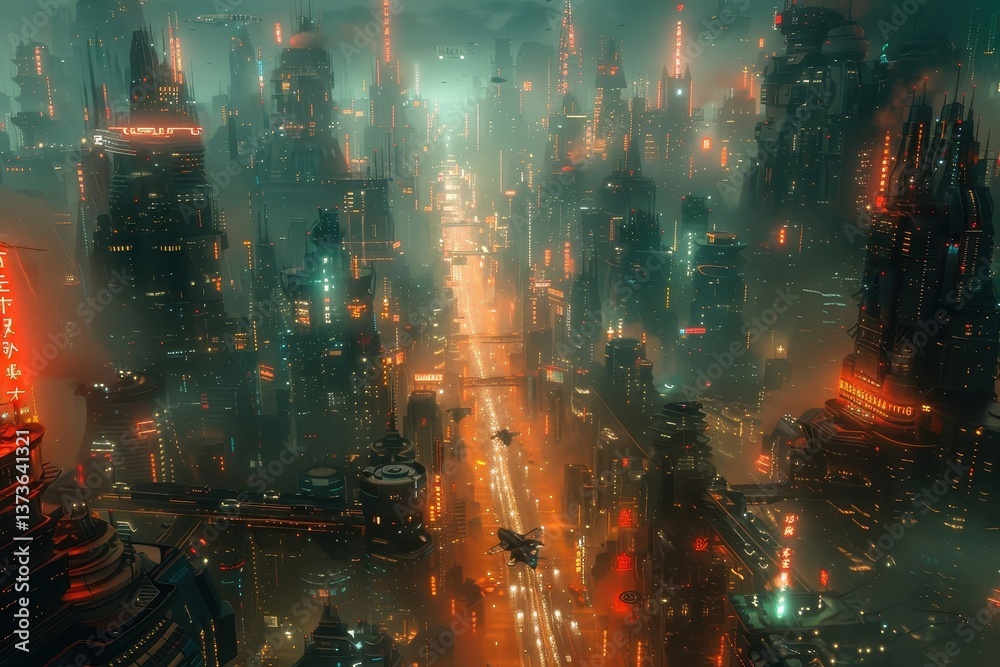 Fototapeta premium A cyberpunk-inspired image of a futuristic American city with advanced technology.