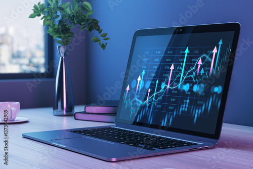 Obraz na płótnie Financial stock market analysis on laptop screen in modern office desk setup. 3D Rendering w salonie