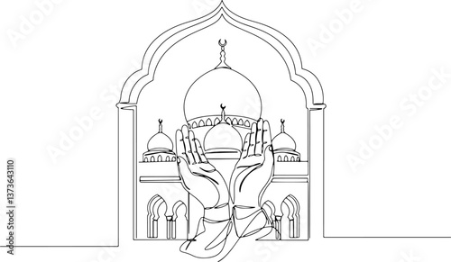 Presentation of Moon, star, mosque, prayer hands as a symbol of holy Eid, Eid Mubarak in continuous single line drawing concept isolated on white background.
