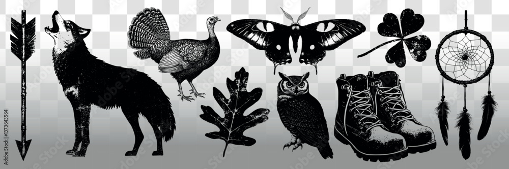 Fototapeta premium Rustic outdoor adventure illustration, isolated vector set