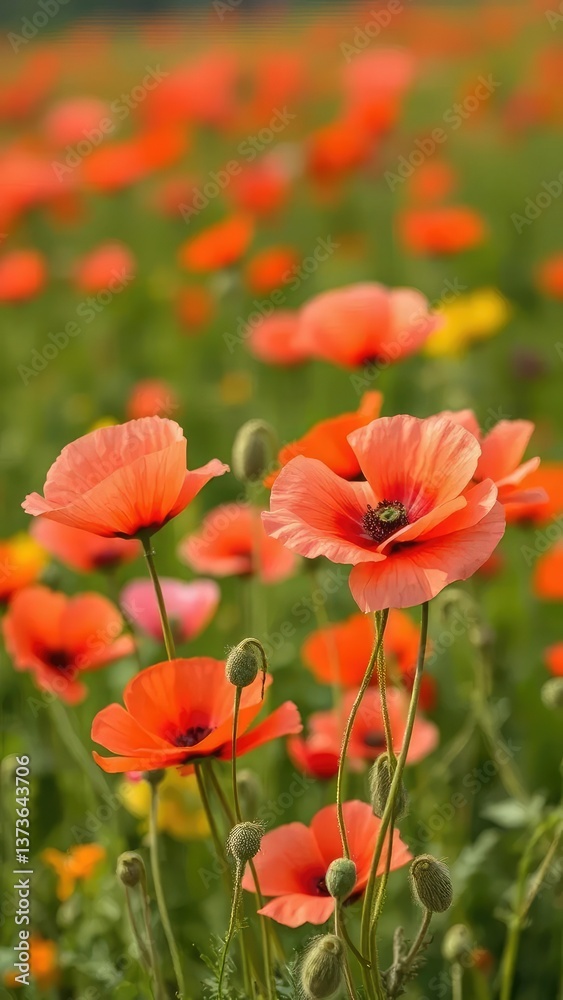 Delicate poppy flowers sway gently in the breeze, floral, green meadow, poppy fields